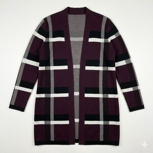 Elle Women's L Plaid Sweater Coat Purple Black White #132 Office Wear